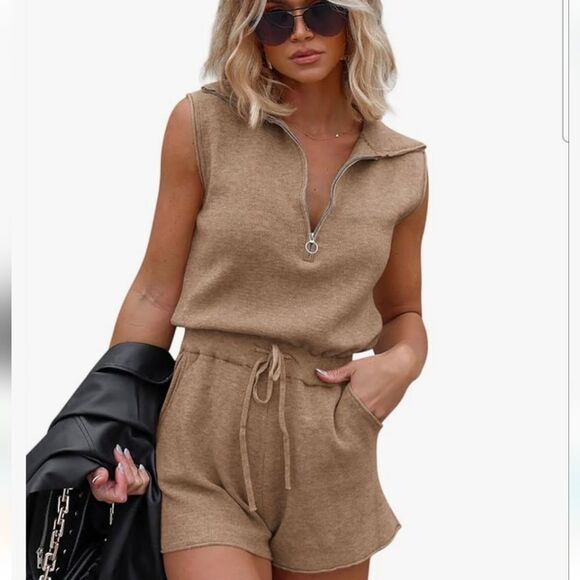 Khaki Sleeveless Short Romper Women's Large Zipper One Piece Jumpsuit Pockets - Picture 1 of 12